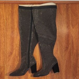 Over The Knee Heel Boot - Stretch Knit Studded Black